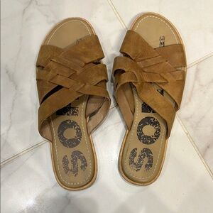Sorel Brown Ella Slide Leather Sandals with Criss-Cross Straps. Size 8 Women’s.